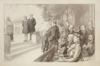 Eine Hochzeit, bei der alle Mitglieder des Hochzeitsgefolges strenge Männer und die „Braut“ ein junger Junge ist von William Henry Walker