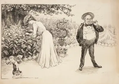 Eine Frau schneidet ein paar Coupons von einem Busch mit zahlreichen Aktien und Waren von William Henry Walker