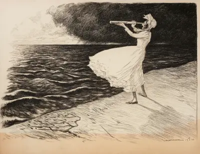 Kobieta wypatruje morza przez lornetkę, William Henry Walker