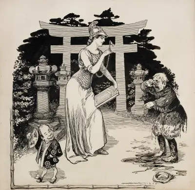 Eine Frau, die die Zivilisation repräsentiert, tröstet ein weinendes Kind (Russland), während ein lächelndes Kind (Japan) zusieht von William Henry Walker