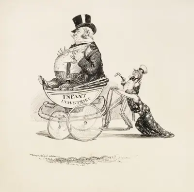 Eine Frau müht sich, einen großen Kinderwagen zu schieben, in dem ein dicker Mann sitzt, der die Säuglingsindustrien repräsentiert von William Henry Walker