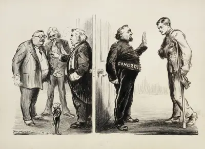A wounded soldier is denied entrance to Congress, where three stout politicians are arguing. av William Henry Walker