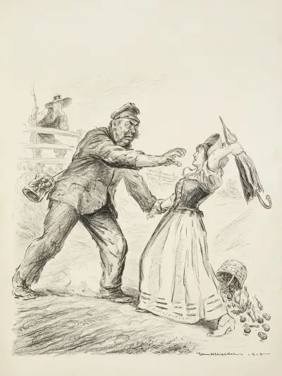 Ung bondflicka som representerar civilisationen grips av en grov man som representerar Tyskland eller Preussen och försöker försvara sig med ett paraply av William Henry Walker