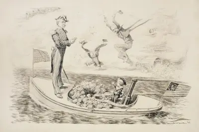 Admirał Dewey płynie łodzią (zwaną Życiem), którą steruje młody chłopiec, William Henry Walker