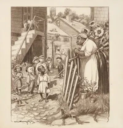 Afroamerykańska kobieta mówi ze złością do afroamerykańskiego chłopca, który stoi na ulicy w grupie białych dzieci, William Henry Walker