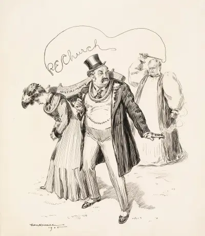 Ein wütender Mann und eine traurige Frau werden von einem Priester in einer großen Robe in der Ehe zusammengejocht von William Henry Walker