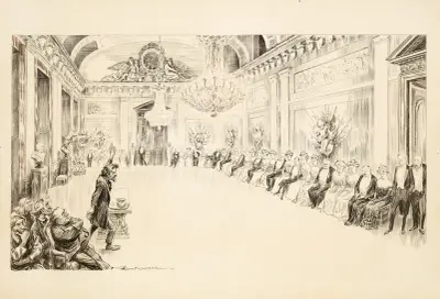 Rozgniewany mężczyzna przemawia do rzędu siedzących zamożnych mężczyzn i kobiet w eleganckiej sali balowej, William Henry Walker