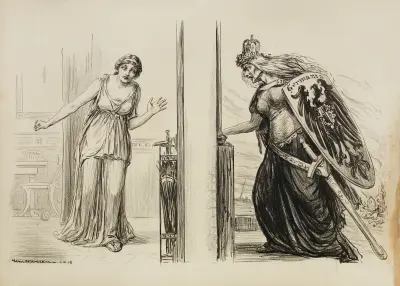 Eine wütende alte Frau in Rüstung, die Germania darstellt, versucht, in das Zimmer einer verängstigten jungen Frau einzubrechen von William Henry Walker
