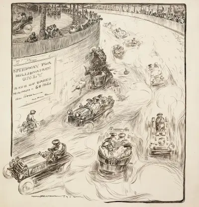 Ein Autorennen nur für Millionäre. Die Autos fahren in beide Richtungen und an einer Wand kommt es zu einem Crash von William Henry Walker