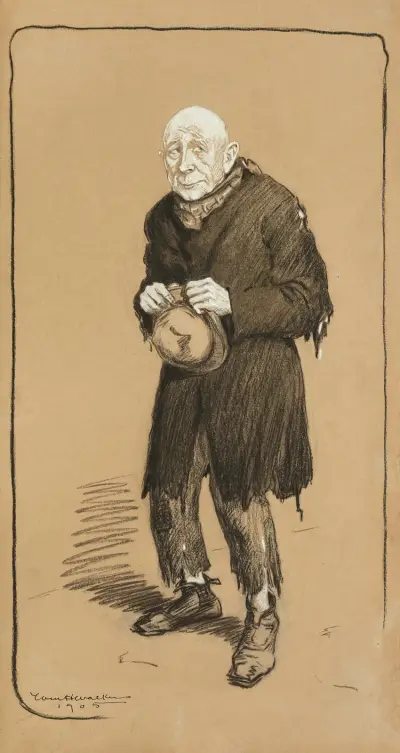 Ein älterer Mann in zerlumpter Kleidung mit dem Hut in der Hand von William Henry Walker