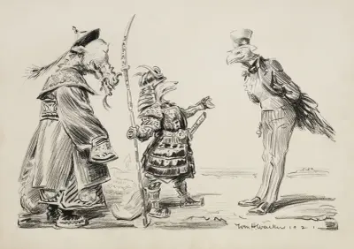 Zwierzęta reprezentujące kraje. Stany Zjednoczone (orzeł) rozmawiają z Chinami (smokiem) i Japonią (lisem), William Henry Walker