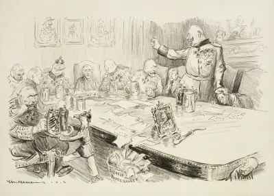 Przy stole negocjacyjnym kilku dużych i rozgniewanych Niemców zastrasza amerykańskich dyplomatów, William Henry Walker