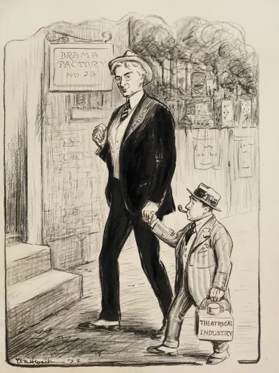 Bernard Baruch prowadzi za rękę małego człowieka reprezentującego przemysł teatralny do budynku oznaczonego „drama factory no. 25.”, William Henry Walker