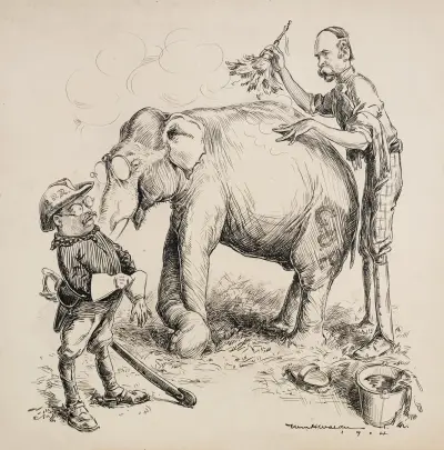 Charles Fairbanks myje słonia Partii Republikańskiej dla Theodore’a Roosevelta, który przygotowuje się, by na nim jechać, William Henry Walker