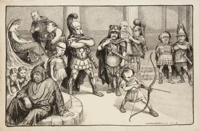Kolumbia (kobieta reprezentująca Stany Zjednoczone) siedzi na tronie w otoczeniu polityków przedstawionych jako rycerze i szlachcice, William Henry Walker