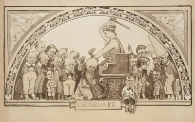 Columbia (eine Frau, die die USA repräsentiert) legt Mitglieder des US-Senats über ihr Knie und versohlt ihnen den Hintern von William Henry Walker
