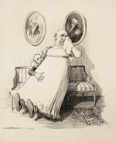 Dave Hill, als Frau verkleidet, weint und sitzt auf dem Schoß eines Mannes von William Henry Walker