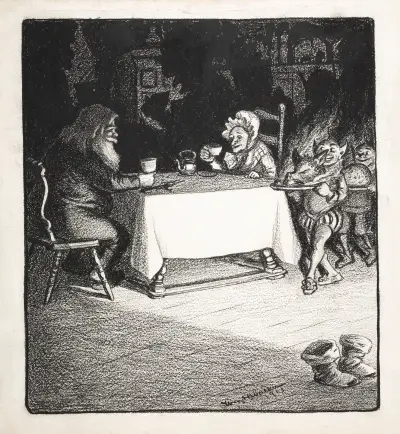 Elfy serwują kolację Świętemu Mikołajowi i pani Mikołajowej, William Henry Walker