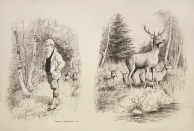 Rodzina jeleni nad strumieniem, czujna, William Henry Walker