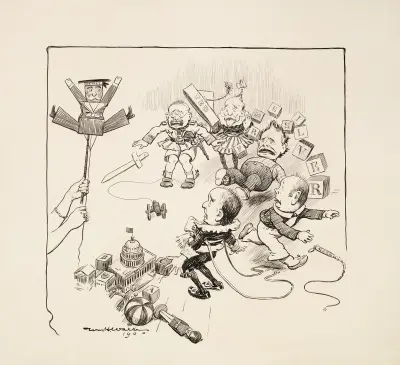 Fünf Männer, darunter Theodore Roosevelt, als Kinder dargestellt, die mit Bauklötzen spielen, die „free silver“ buchstabieren von William Henry Walker