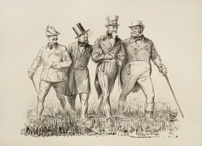 Czterech mężczyzn radośnie idzie razem przez pole, wśród nich Uncle Sam i mężczyzna reprezentujący Wielką Brytanię, William Henry Walker