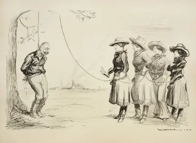 Cztery kobiety w zachodnich strojach przygotowują się do powieszenia związanego cesarza Wilhelma II na drzewie, William Henry Walker