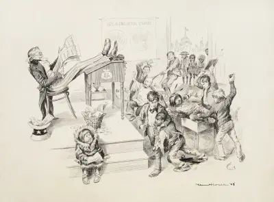 In einem Klassenzimmer ist Uncle Sam der Lehrer, ignoriert die Schüler und liest über Finanzen von William Henry Walker