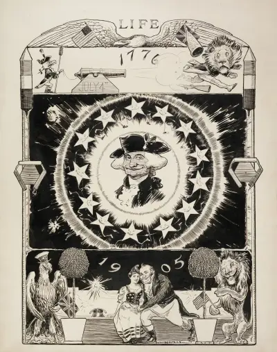In the center of the image is George Washington, smiling. In the top, the American eagle with a cannon defeats the British lion on July 4, 1776 av William Henry Walker