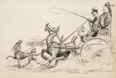 Japonia przedstawiona jako żołnierz jadący wozem i zalecający się do kobiety reprezentującej Chiny, William Henry Walker