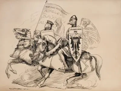 John Bull (Wielka Brytania) i Wuj Sam w średniowiecznych zbrojach jadą do bitwy, William Henry Walker