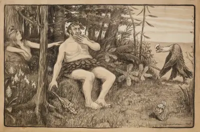 John Bull (Anglia) jako Adam i kobieta przedstawiająca Amerykę jako Ewa w Ogrodzie Eden, William Henry Walker