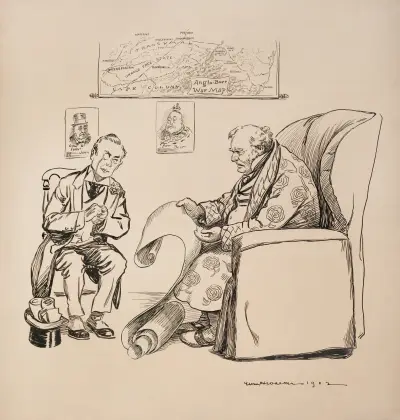 John Bull (Großbritannien) liest besorgt eine lange Schriftrolle. Hinter ihm eine Karte des Burenkriegs von William Henry Walker