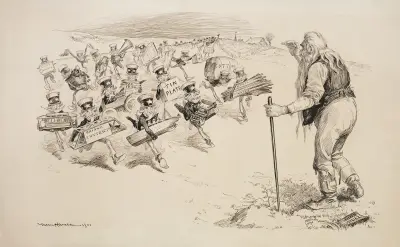 John Bull (Wielka Brytania) stoi w polu, gdy wiele małych wersji Wuja Sama biegnie ku niemu, oferując różne towary i surowce, William Henry Walker