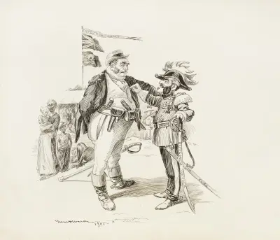 John Bull (Anglia) rozmawia z żołnierzem niosącym miecz z napisem „Butcher Weyler Used in Cuba”, William Henry Walker