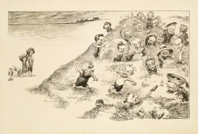 Mężczyźni, w tym Andrew Carnegie, bawiący się na plaży z monet, obserwowani przez troje biednych dzieci i ich psy, William Henry Walker