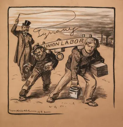 Männer als gelernte und ungelernte Arbeiter, durch ‚union labor‘ aneinandergekoppelt, wobei die ungelernten den gelernten Arbeiter zurückhalten von William Henry Walker