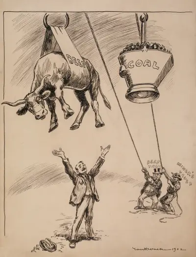 Männer, die die Fleisch- und Minentrusts vertreten, ziehen Rindfleisch und Kohle außer Reichweite eines Mannes, der die Verbraucher vertritt von William Henry Walker