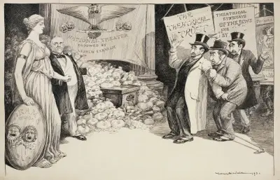 Männer mit Schildern „Theatrical Trust“ und „Theatrical Syndicate of the Jews“, erschreckt durch die Annäherung einer Frau als Verkörperung des Dramas von William Henry Walker