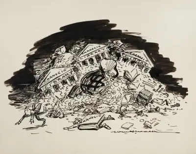 Menschen werden von herabstürzenden Carnegie-Bibliotheksgebäuden, Büchern und Geld zermalmt von William Henry Walker