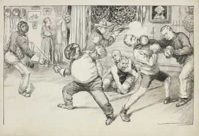 Politycy w konflikcie (szermierka, zapasy i boks) przed portretem George'a Washingtona, który jest niezadowolony, William Henry Walker