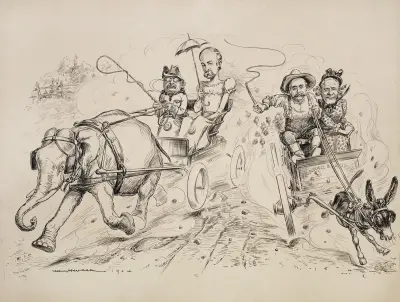Präsident Theodore Roosevelt und Vizepräsidentschaftskandidat Charles Fairbanks (als Frau dargestellt) fahren gemeinsam in einer Kutsche von William Henry Walker