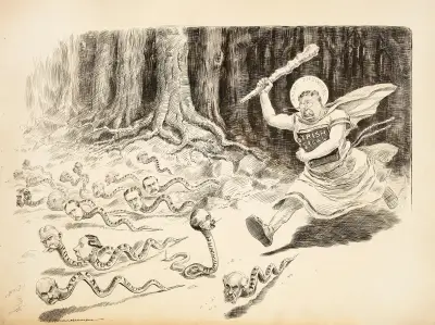 Prezydent Theodore Roosevelt jako św. Patryk wypędzający węże z ludzkimi głowami, William Henry Walker