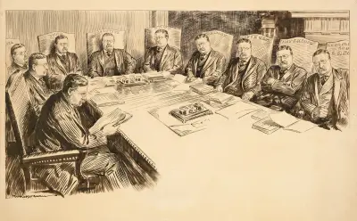 Prezydent Theodore Roosevelt na posiedzeniu swego gabinetu, przy czym każdy członek gabinetu jest przedstawiony jako Roosevelt, William Henry Walker