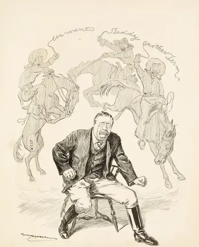 Prezydent Theodore Roosevelt gotowy do opuszczenia fotela, nawiedzany przez trzech kowbojów reprezentujących Zachód, William Henry Walker