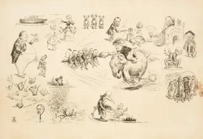 Prezydent Theodore Roosevelt dosiada słonia Partii Republikańskiej niczym wierzchowca, przebijając kilku mężczyzn swoją lancą w kształcie wielkiej maczugi, William Henry Walker