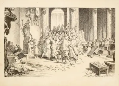 Mężczyźni w szatach z zakrwawionymi mieczami reprezentujący wiele trustów przejęli pałac, William Henry Walker