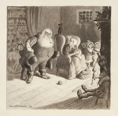 Der Weihnachtsmann zieht seinen Mantel in einem Salon an, mit Frau Claus in ihrem Stuhl, zwei Kindern, zwei Wichteln und einem Regal voller Spielzeug von William Henry Walker