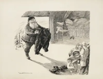 Der Weihnachtsmann steht in einem Schlafzimmer, in dem jemand schläft, vor einem Kamin und hält eine Hose in der Hand von William Henry Walker