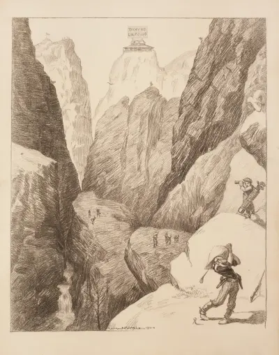Postacie próbujące grać w golfa w stromych górach w 'Rocky Mt. Golf Club', William Henry Walker