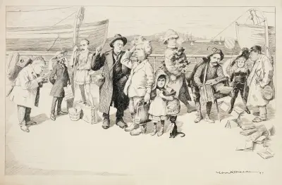 Kilka postaci historycznych na nabrzeżu, w tym Mark Twain, Joel Chandler Harris i Frances Hodgson Burkett, William Henry Walker